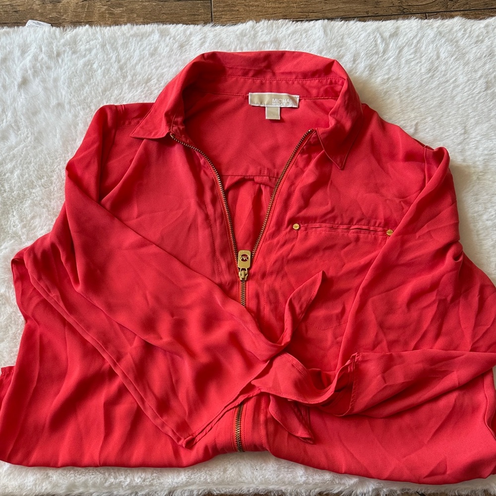 Vibrant Red Zip-Up Blouse